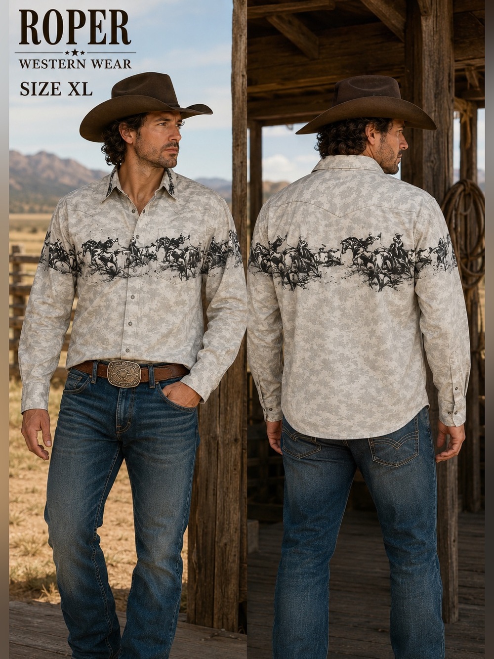 Roper Western Pearl Snap Shirt mens XL greenish bronco retro rodeo ranch core